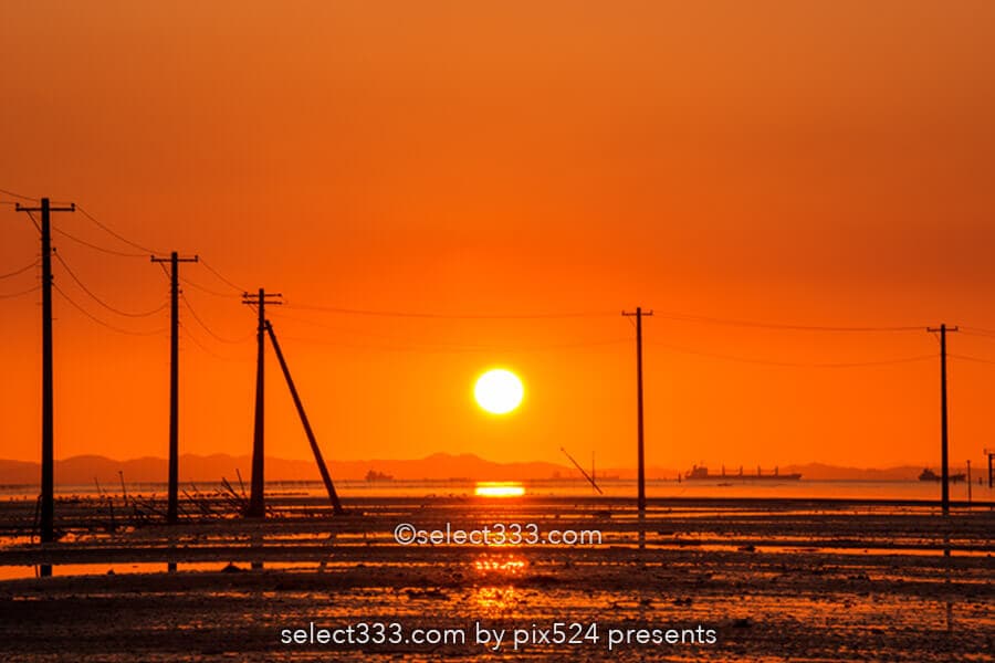 久津間海岸・江川海岸の海中電柱と盤洲干潟！夕焼け空の水鏡！海へ続く電柱の風景