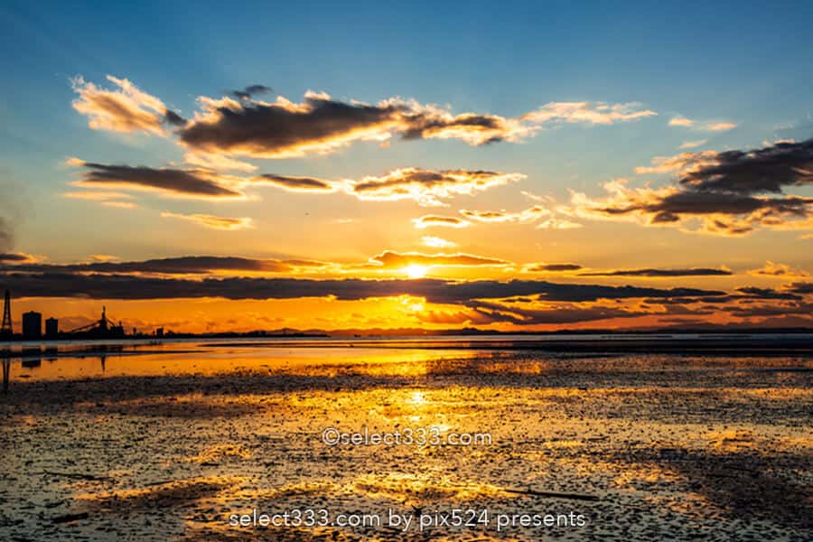 久津間海岸・江川海岸の海中電柱と盤洲干潟！夕焼け空の水鏡！海へ続く電柱の風景