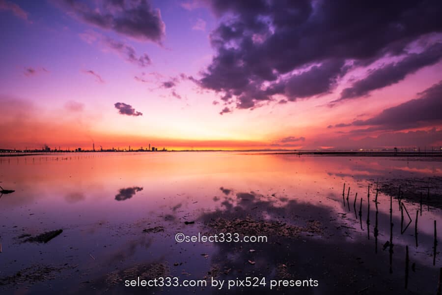 久津間海岸・江川海岸の海中電柱と盤洲干潟！夕焼け空の水鏡！海へ続く電柱の風景