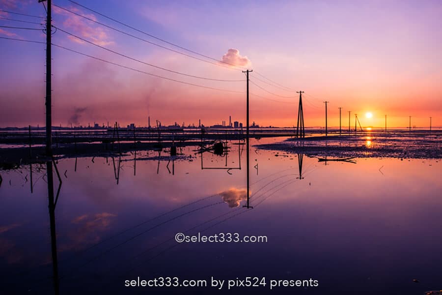 久津間海岸・江川海岸の海中電柱と盤洲干潟！夕焼け空の水鏡！海へ続く電柱の風景