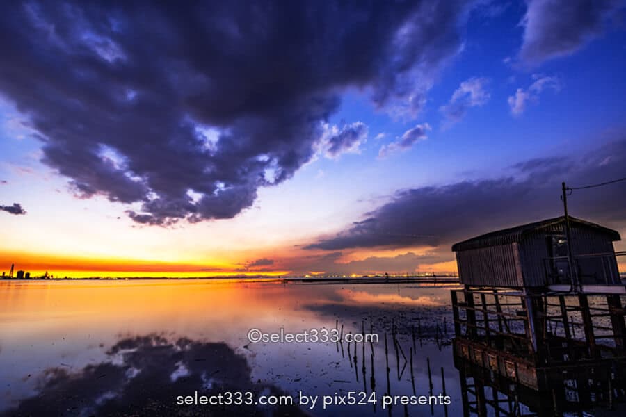 久津間海岸・江川海岸の海中電柱と盤洲干潟！夕焼け空の水鏡！海へ続く電柱の風景