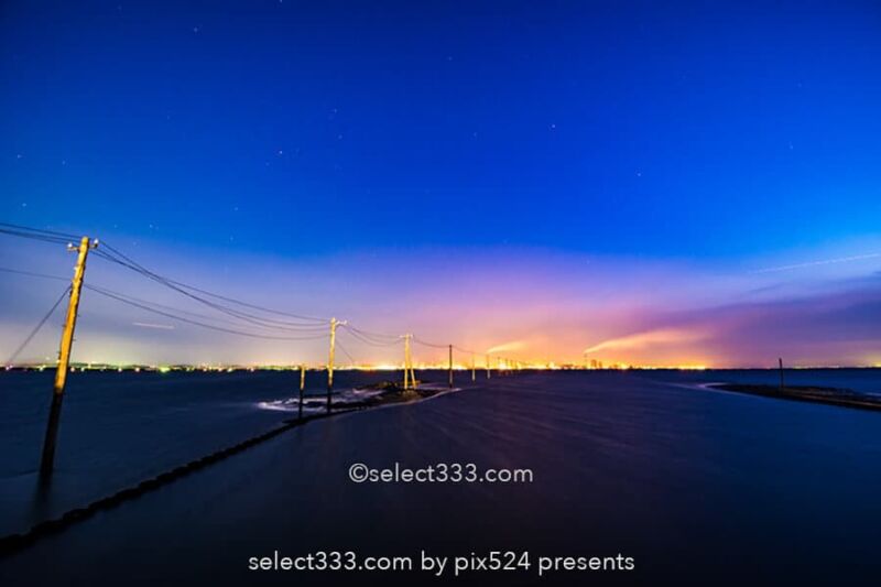 久津間海岸・江川海岸の海中電柱と盤洲干潟！夕焼け空の水鏡！海へ続く電柱の風景
