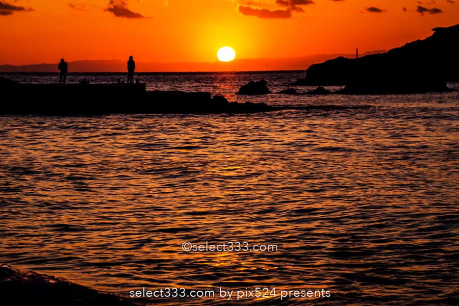 竜島海岸の夕日・夕焼け撮影!富士山が見える勝山の美しい海岸!夕焼け・薄明と星空撮影