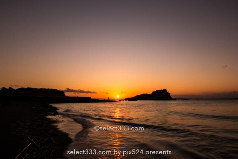 竜島海岸の夕日・夕焼け撮影！富士山が見える勝山の美しい海岸！夕焼け・薄明と星空撮影