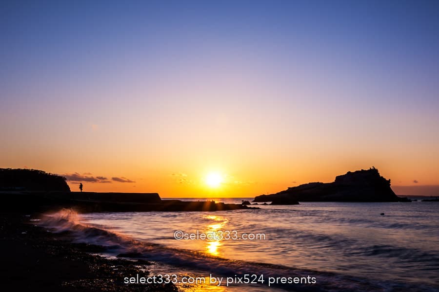 竜島海岸の夕日・夕焼け撮影!富士山が見える勝山の美しい海岸!夕焼け・薄明と星空撮影