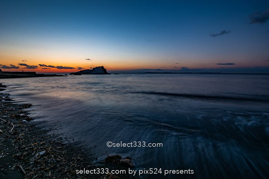 竜島海岸の夕日・夕焼け撮影!富士山が見える勝山の美しい海岸!夕焼け・薄明と星空撮影