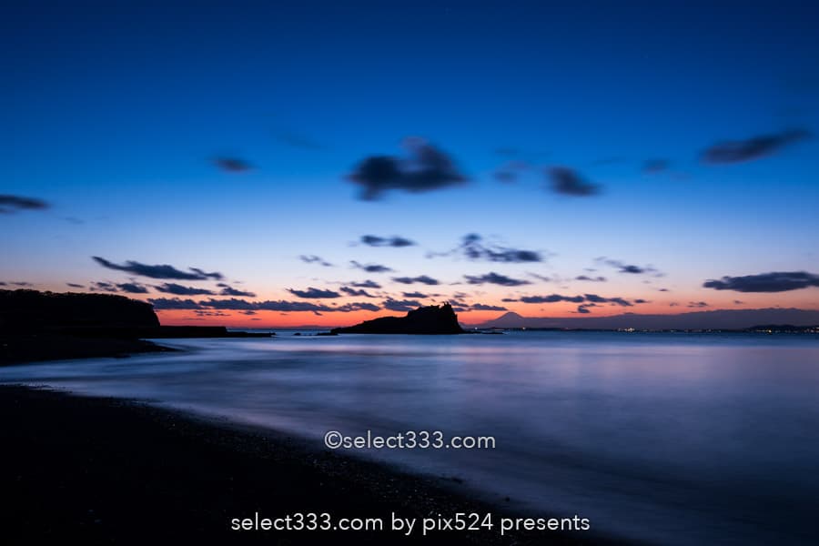 竜島海岸の夕日・夕焼け撮影!富士山が見える勝山の美しい海岸!夕焼け・薄明と星空撮影